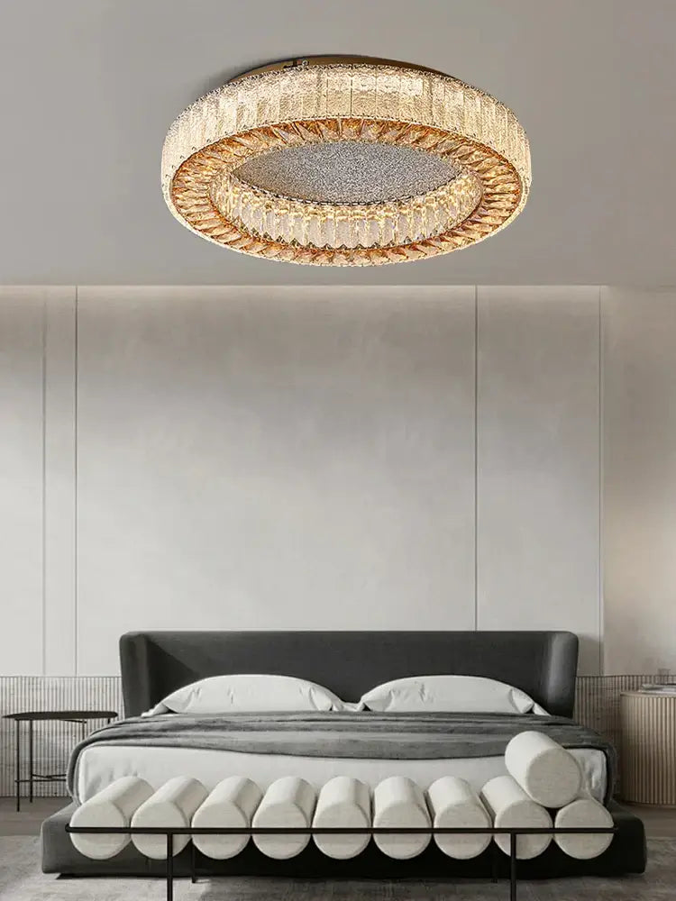 DecorBites crystal ceiling lamp with gold metallic frame and clear faceted crystals for living room and bedroom