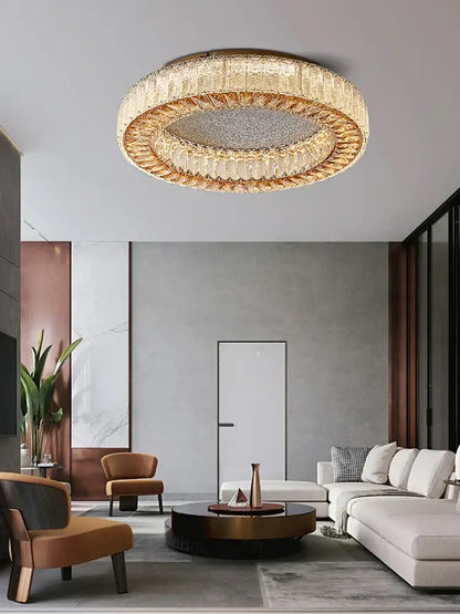 DecorBites crystal ceiling lamp with gold metal frame and tiered clear crystal rings for living room and bedroom