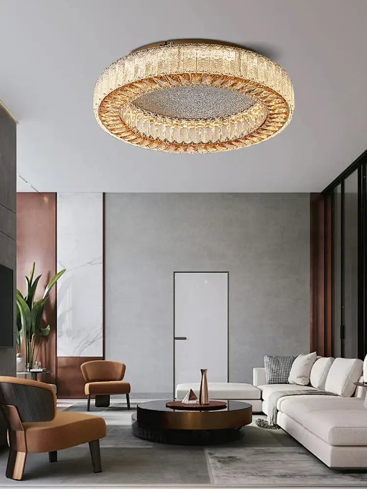 DecorBites crystal ceiling lamp with gold metal frame and tiered clear crystal rings for living room and bedroom