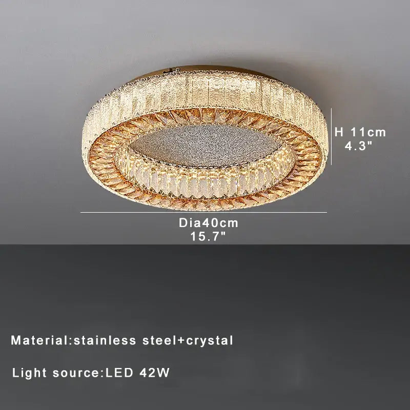 Gold-toned decorbites crystal ceiling lamp with textured stainless steel frame and crystal accents for living room use