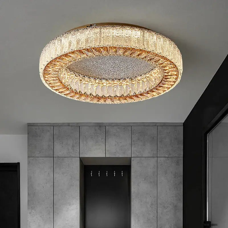Gold-toned decorbites crystal ceiling lamp with layered crystal and textured glass rings for living room and bedroom