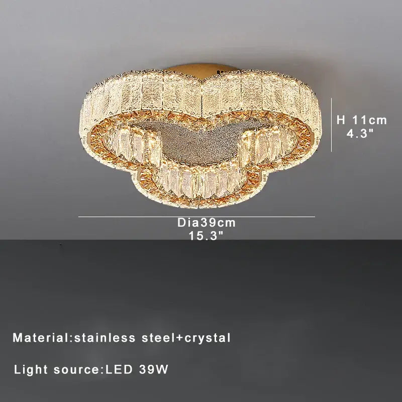 Gold-toned decorbites crystal ceiling lamp with heart-shaped layered stainless steel and crystal design for living room and bedroom