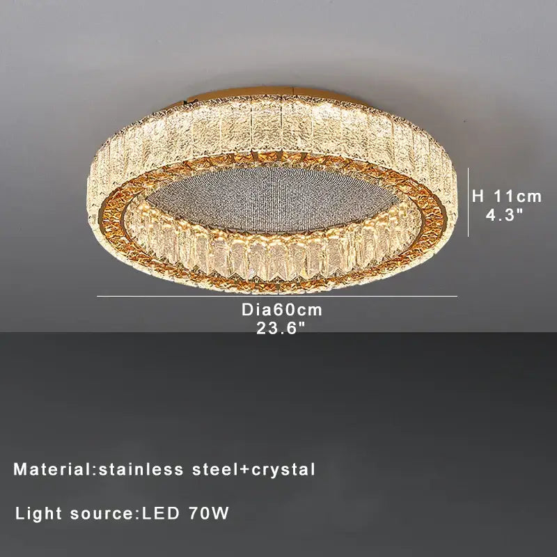 Gold-toned decorbites crystal ceiling lamp with textured crystal ring and stainless steel frame for living room and bedroom