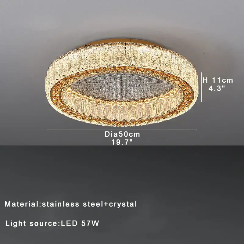 Gold-toned decorbites crystal ceiling lamp with textured crystal ring and stainless steel frame for living room and bedroom