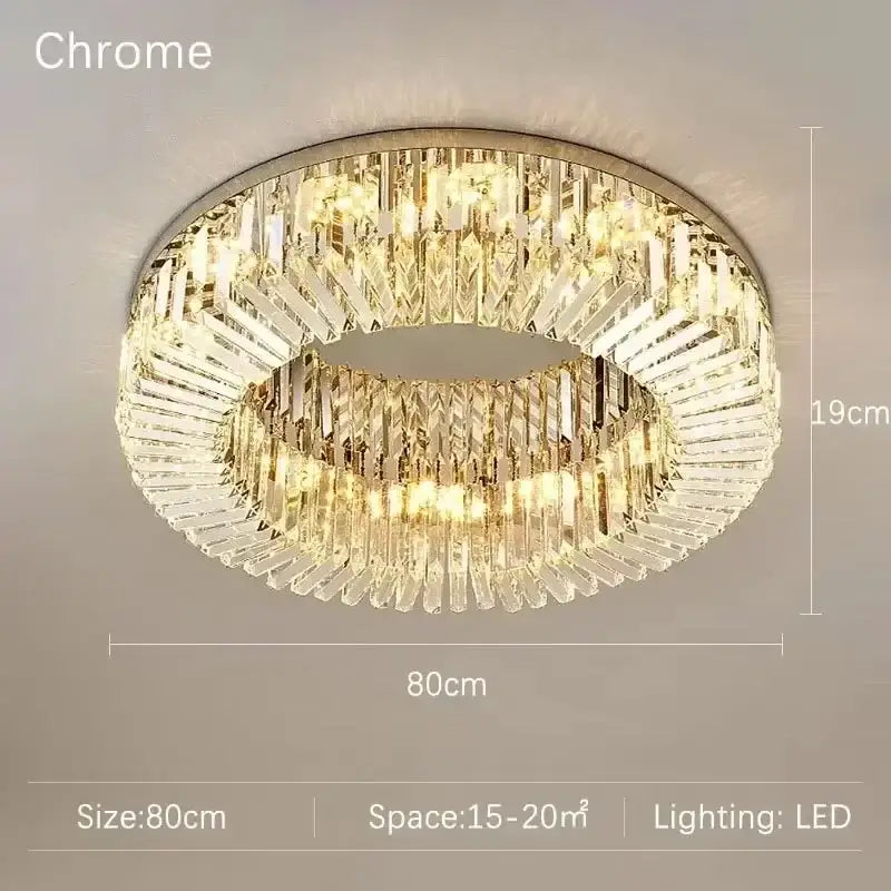 Chrome-finished decorbites crystal ceiling lamp with two concentric crystal rings illuminated by led bulbs for modern rooms