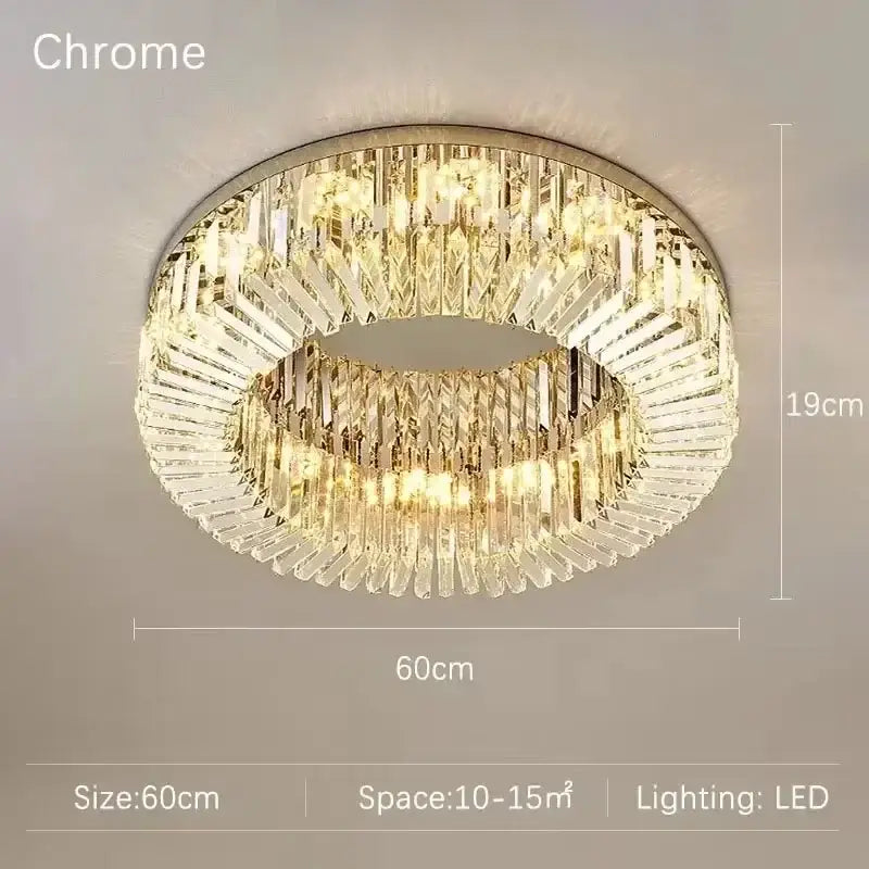 DecorBites crystal ceiling lamp with chrome frame and clear crystal prisms for modern bedroom and living room lighting