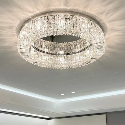 Decorbites crystal ceiling lamp with two concentric rings of faceted glass and metallic frame for modern rooms