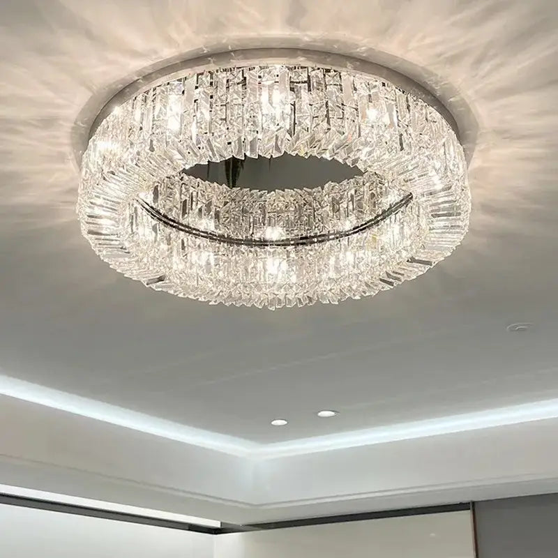 Decorbites crystal ceiling lamp with two concentric rings of faceted glass and metallic frame for modern rooms