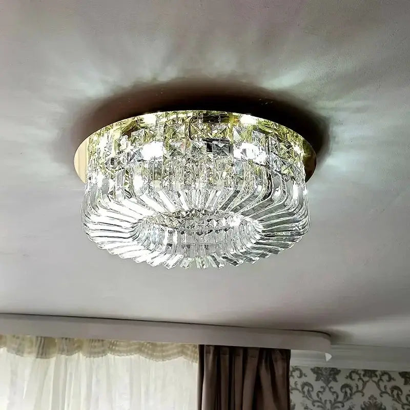 Decorbites crystal ceiling lamp with gold-toned metal frame and faceted glass for modern bedroom and living room lighting