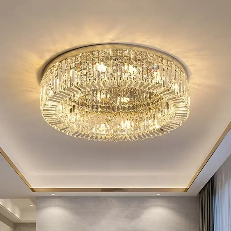 Decorbites crystal ceiling lamp with gold metal frame and faceted glass prisms for modern bedroom and living room lighting