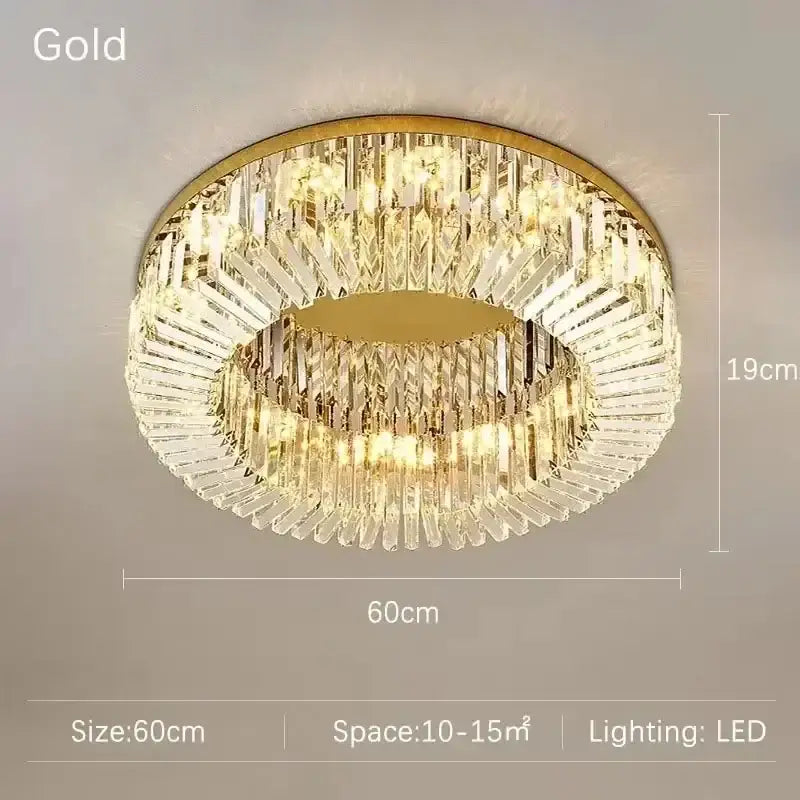 Gold-finished decorbites crystal ceiling lamp with clear crystal prisms in concentric rings for modern LED lighting