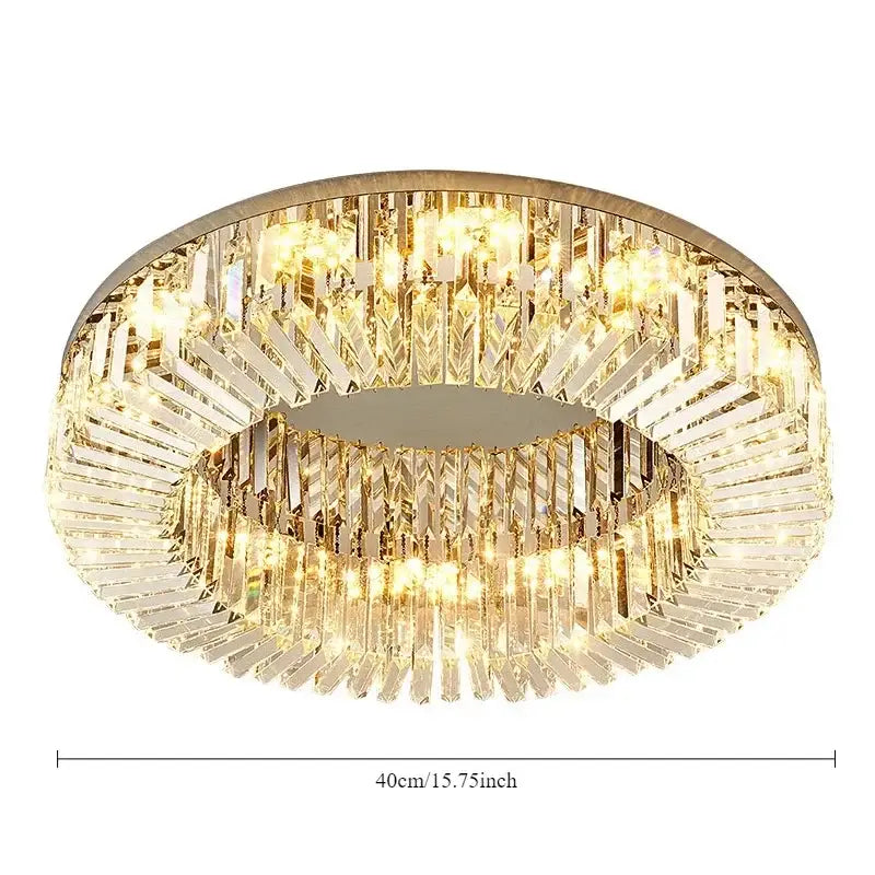 DecorBites crystal ceiling lamp with two concentric faceted crystal rings and warm golden LED lights in a metallic rim