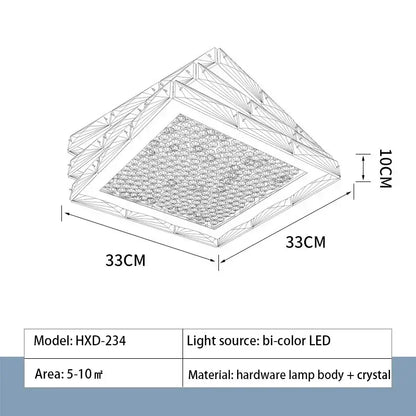 Decorbites crystal ceiling lamp with gold geometric hardware and crystal accents featuring bi-color led lighting