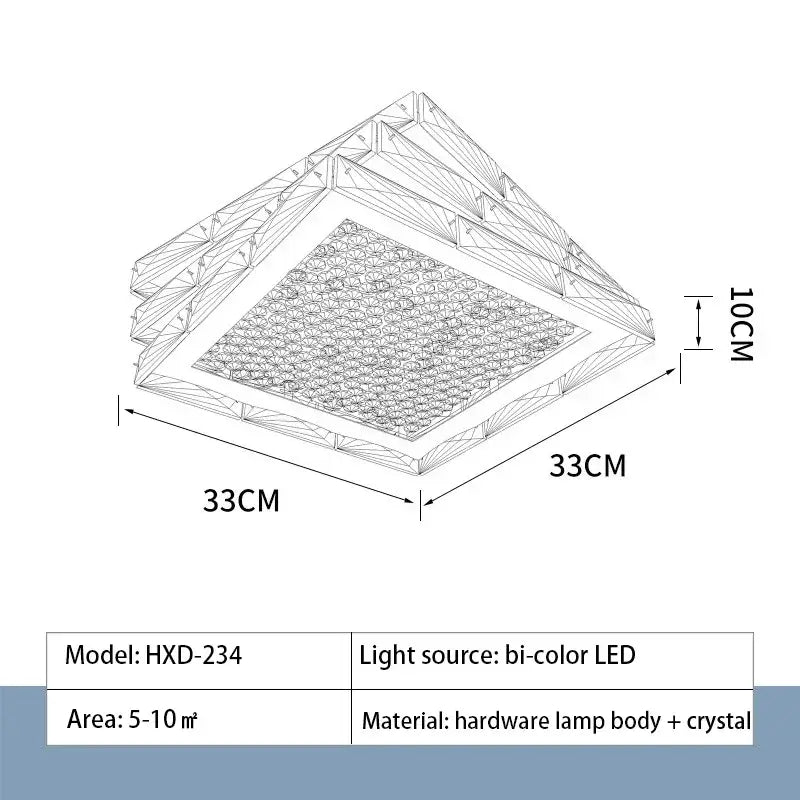 Decorbites crystal ceiling lamp with gold geometric hardware and crystal accents featuring bi-color led lighting