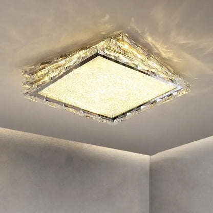 DecorBites™ modern gold crystal ceiling lamp with textured faceted frame and warm glowing LED center for indoor use