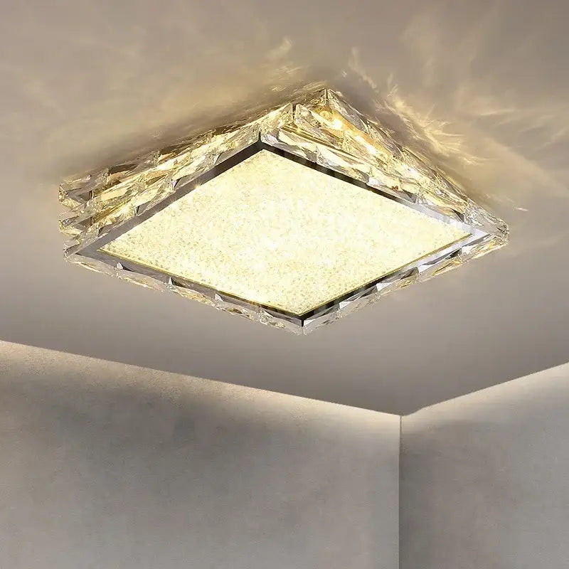 DecorBites™ modern gold crystal ceiling lamp with textured faceted frame and warm glowing LED center for indoor use