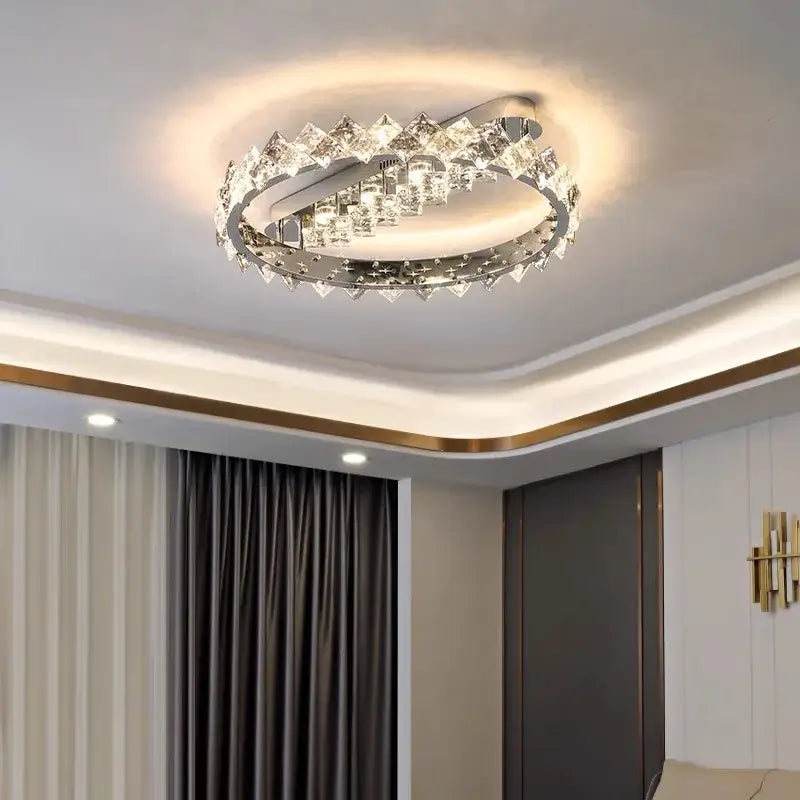 A decorbites crystal ceiling lamp with clear faceted crystals and a chrome frame for modern dimmable lighting