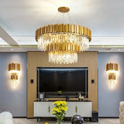 Golden decorbites crystal ceiling lamp with cascading crystal droplets and modern tiered design for living room lighting