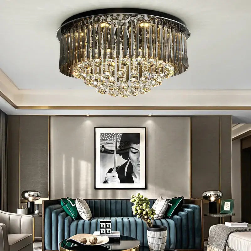 Modern decorbites crystal ceiling lamp with black metal frame and cascading gold and clear crystal prisms for home lighting