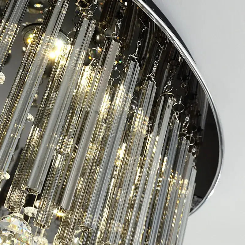 DecorBites crystal ceiling lamp featuring cascading clear crystal rods and polished chrome ceiling lamp hardware