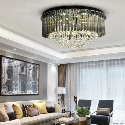 DecorBites crystal ceiling lamp with black metal frame and cascading clear crystal prisms for modern luxury lighting