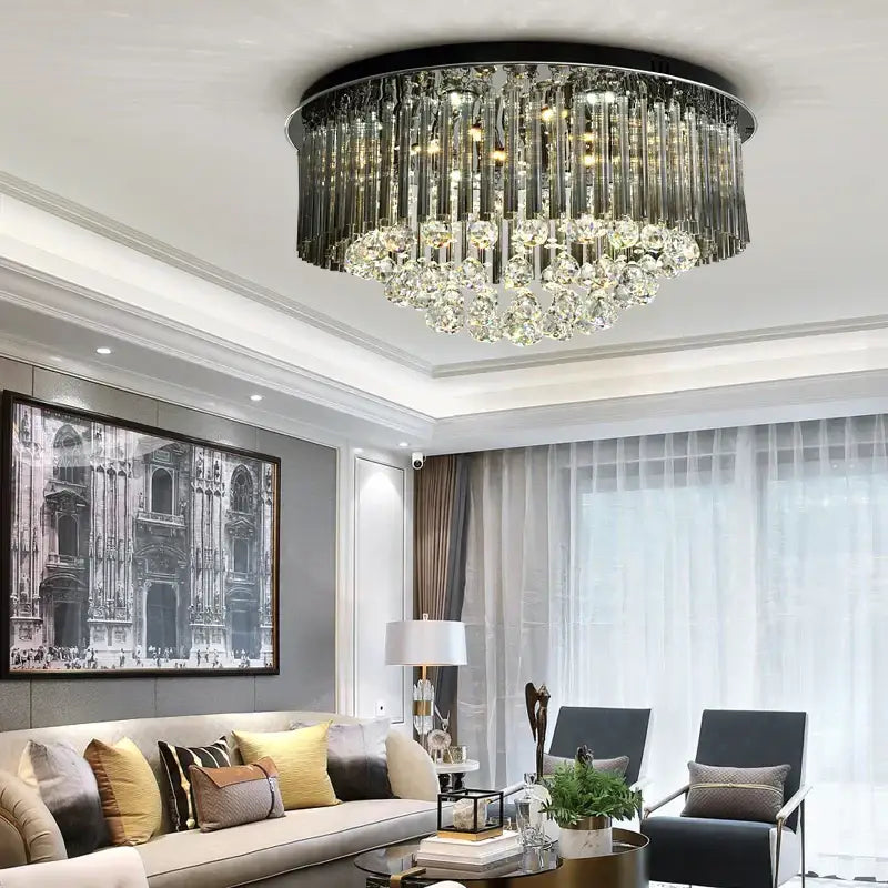 DecorBites crystal ceiling lamp with black metal frame and cascading clear crystal prisms for modern luxury lighting