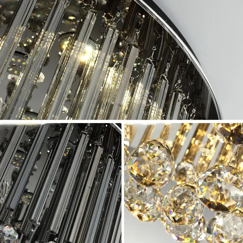 DecorBites crystal ceiling lamp with sleek chrome rods and faceted crystal spheres for modern luxury lighting