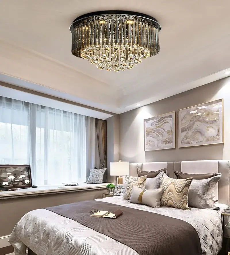 DecorBites crystal ceiling lamp with cascading crystal prisms and sleek black metal frame for modern luxury lighting