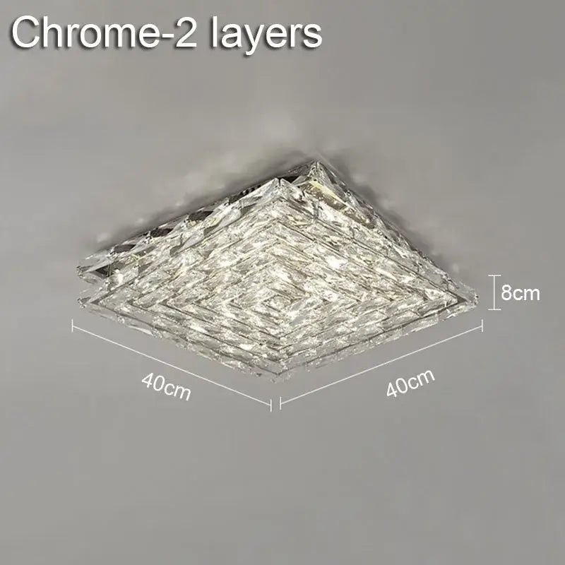 A modern square decorbites crystal ceiling lamp with layered chrome finish and geometric design for indoor lighting