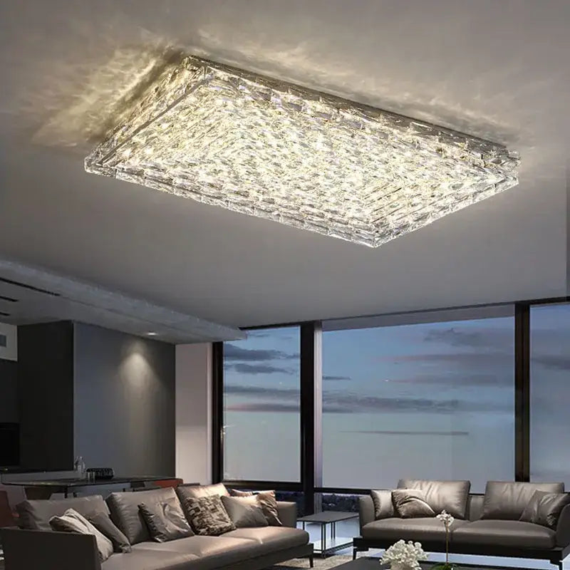 Rectangular decorbites crystal ceiling lamp with textured faceted surface refracting warm white led illumination