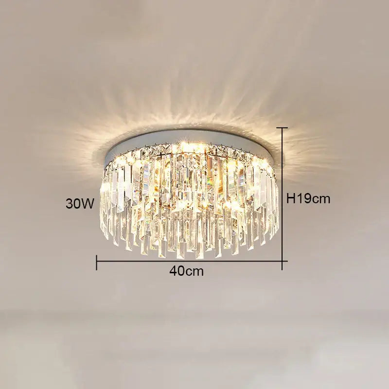 DecorBites crystal ceiling lamp with circular silver frame and clear faceted crystals for modern home lighting
