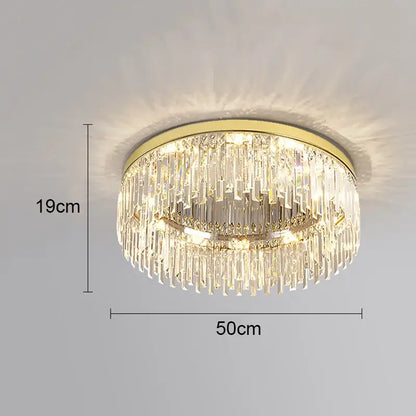 DecorBites crystal ceiling lamp with gold-toned metal frame and cascading clear crystal prisms for indoor lighting