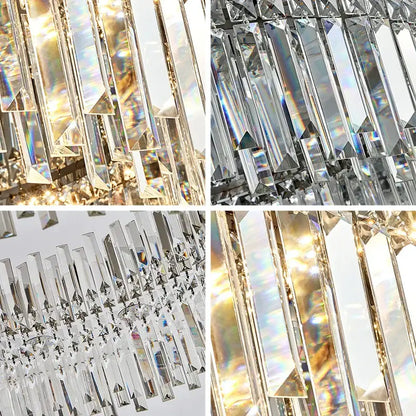A modern DecorBites crystal ceiling lamp with cascading faceted glass rods refracting vibrant rainbow light