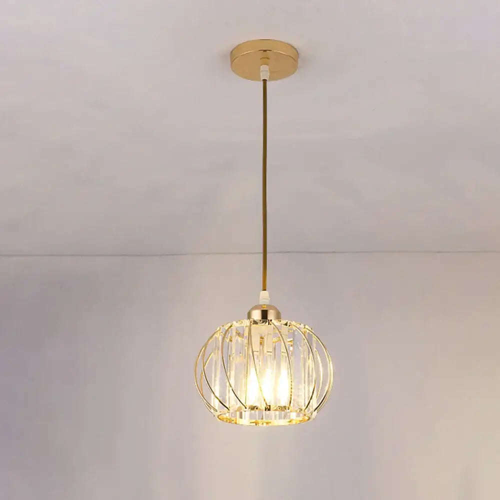 Gold-toned DecorBites crystal ceiling lamp with spherical cage design of clear crystal rods and metal framing for elegant decor