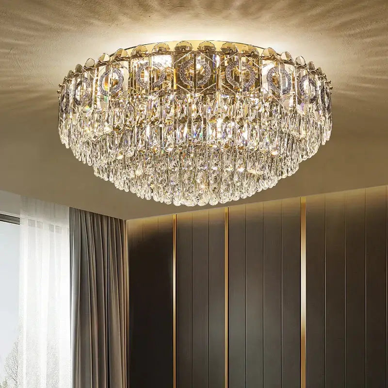 Decorbites™ crystal ceiling lamp with gold tone and cascading crystal droplets for living room and bedroom lighting