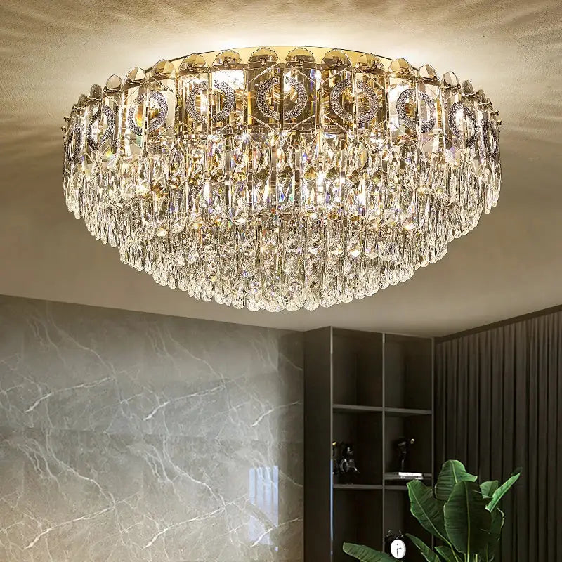 Decorbites™ crystal ceiling lamp with gold tone and cascading clear crystal droplets for living room and bedroom lighting