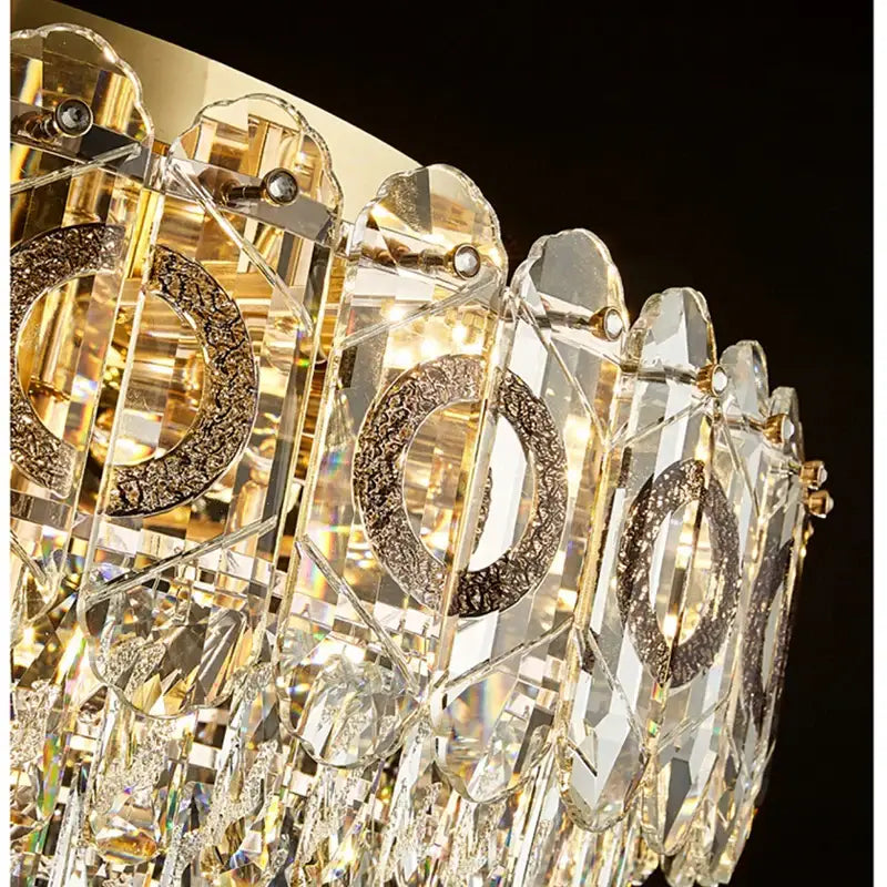 DecorBites crystal ceiling lamp with gold-toned intricate crystal prisms and ornate round design for living spaces