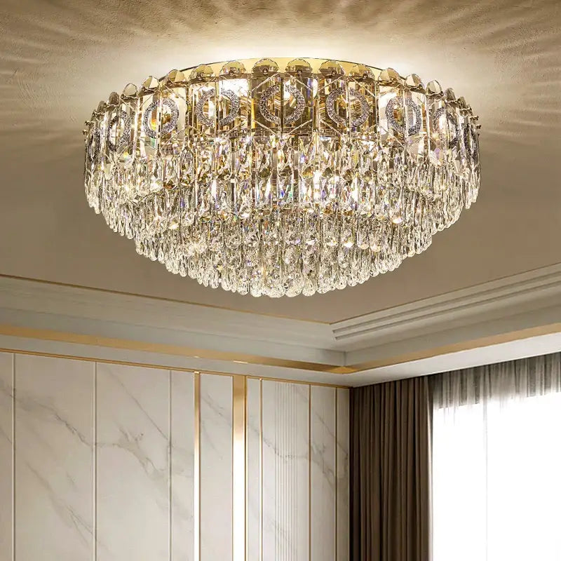 DecorBites™ crystal ceiling lamp with gold tone and clear crystal droplets for modern living room and bedroom lighting