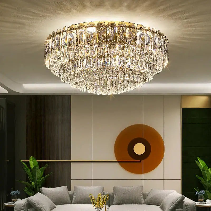 Decorbites crystal ceiling lamp with a gold-toned ornate frame and faceted crystals for living room and bedroom lighting