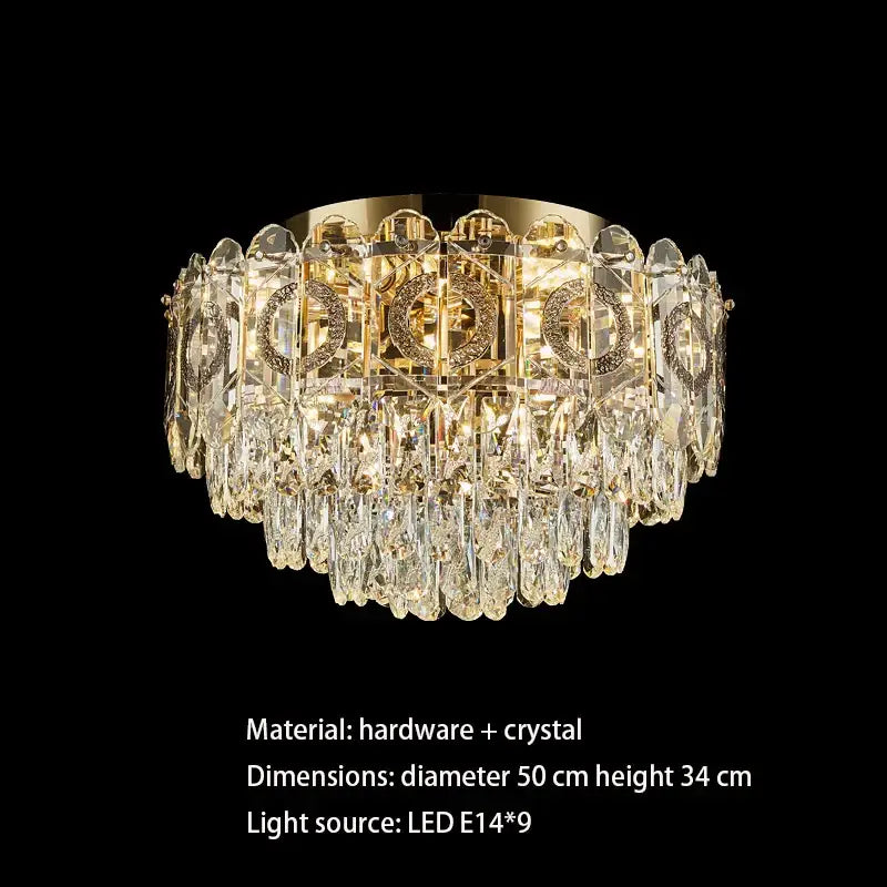 Decorbites crystal ceiling lamp with gold-toned frame and cascading clear glass prisms for living room and bedroom