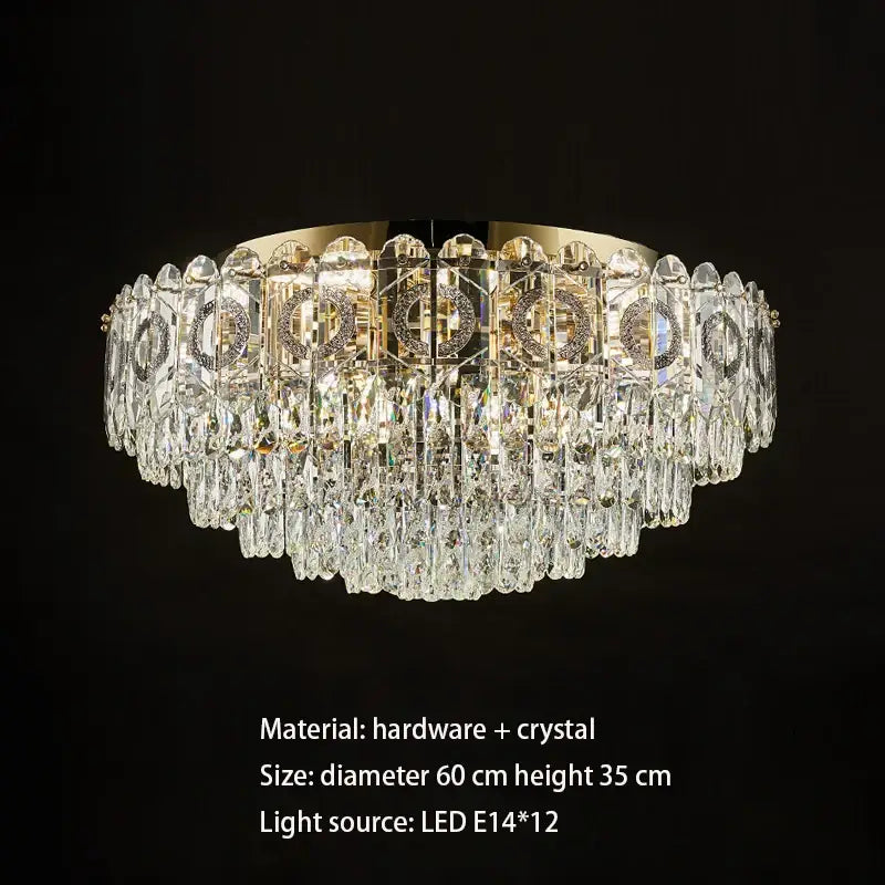 Elegant gold-toned metal decorbites crystal ceiling lamp with cascading clear crystals for living room or bedroom lighting