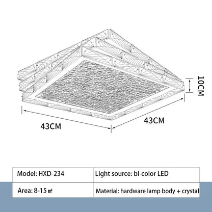 Square decorbites crystal ceiling lamp with geometric gold hardware, crystal accents, and bi-color led lighting for bedroom