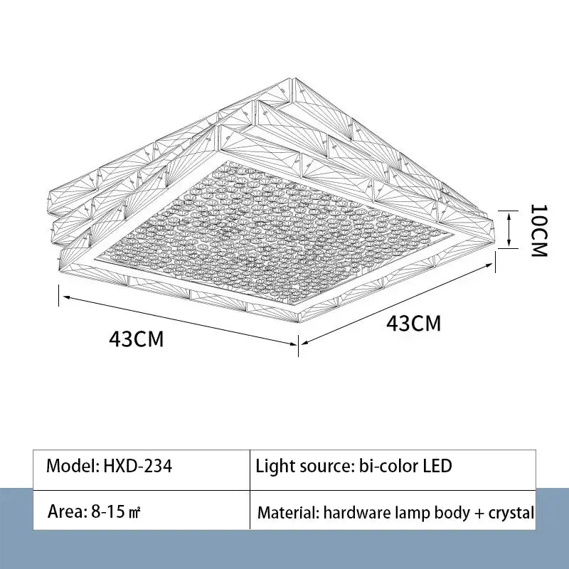 Square decorbites crystal ceiling lamp with geometric gold hardware, crystal accents, and bi-color led lighting for bedroom