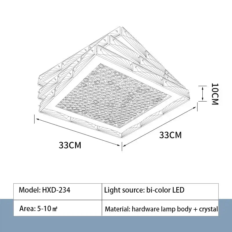 Square-shaped DecorBites crystal ceiling lamp with geometric gold hardware, crystal accents, and bi-color LED lighting