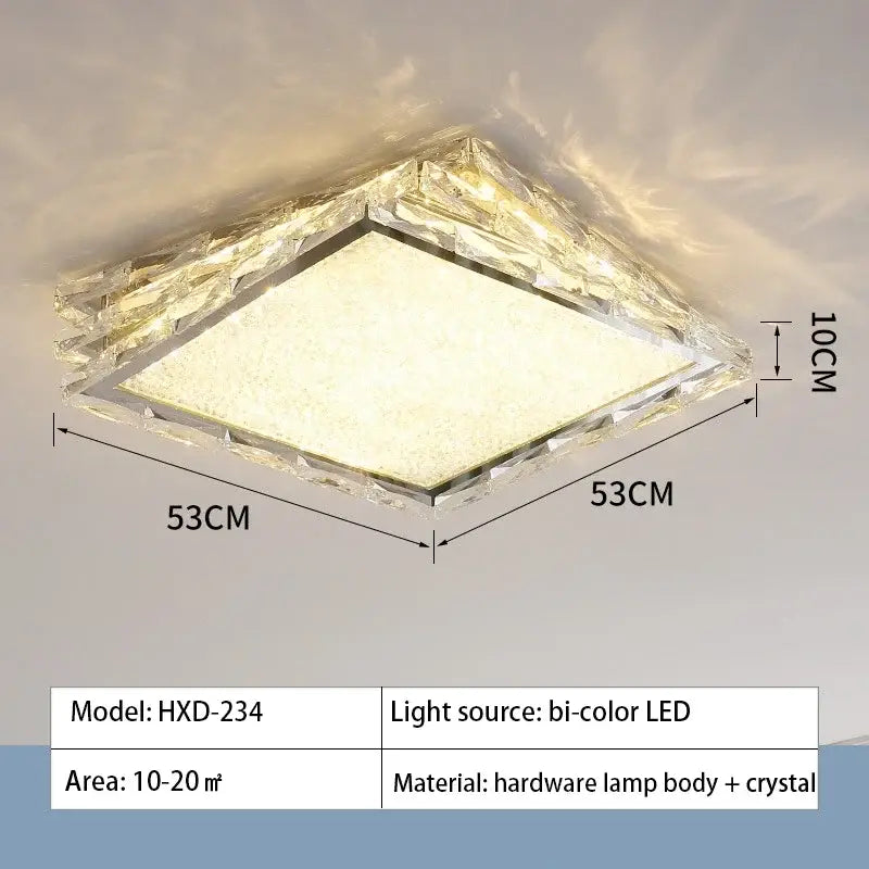 DecorBites crystal ceiling lamp with square crystal-encrusted gold frame and bi-color LED frosted glass center ceiling lamp