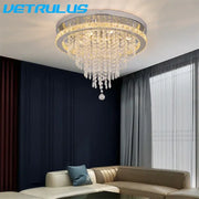 Decorbites crystal ceiling lamp with sleek chrome frame and clear crystal droplets featuring warm smart led lighting