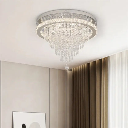A decorbites crystal ceiling lamp with sleek stainless steel pan and cascading clear glass beads ceiling lamp smart design