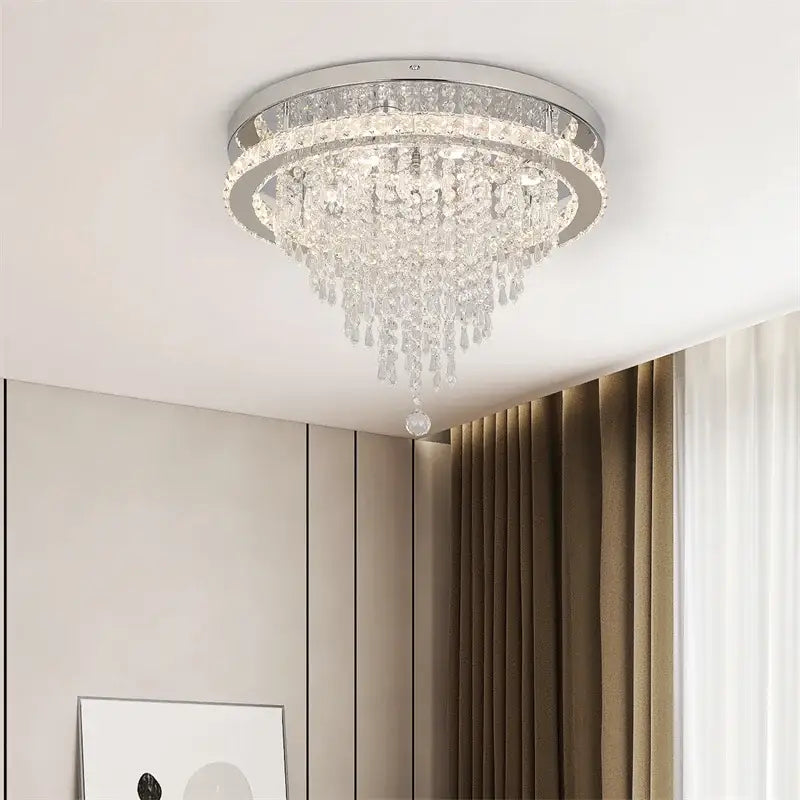 A decorbites crystal ceiling lamp with sleek stainless steel pan and cascading clear glass beads ceiling lamp smart design