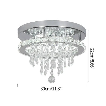Chrome-finished decorbites crystal ceiling lamp with two concentric rings of clear crystal droplets and prisms 30cm diameter