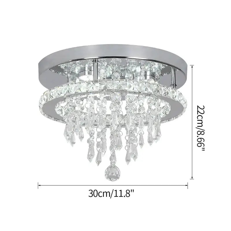 Chrome-finished decorbites crystal ceiling lamp with two concentric rings of clear crystal droplets and prisms 30cm diameter